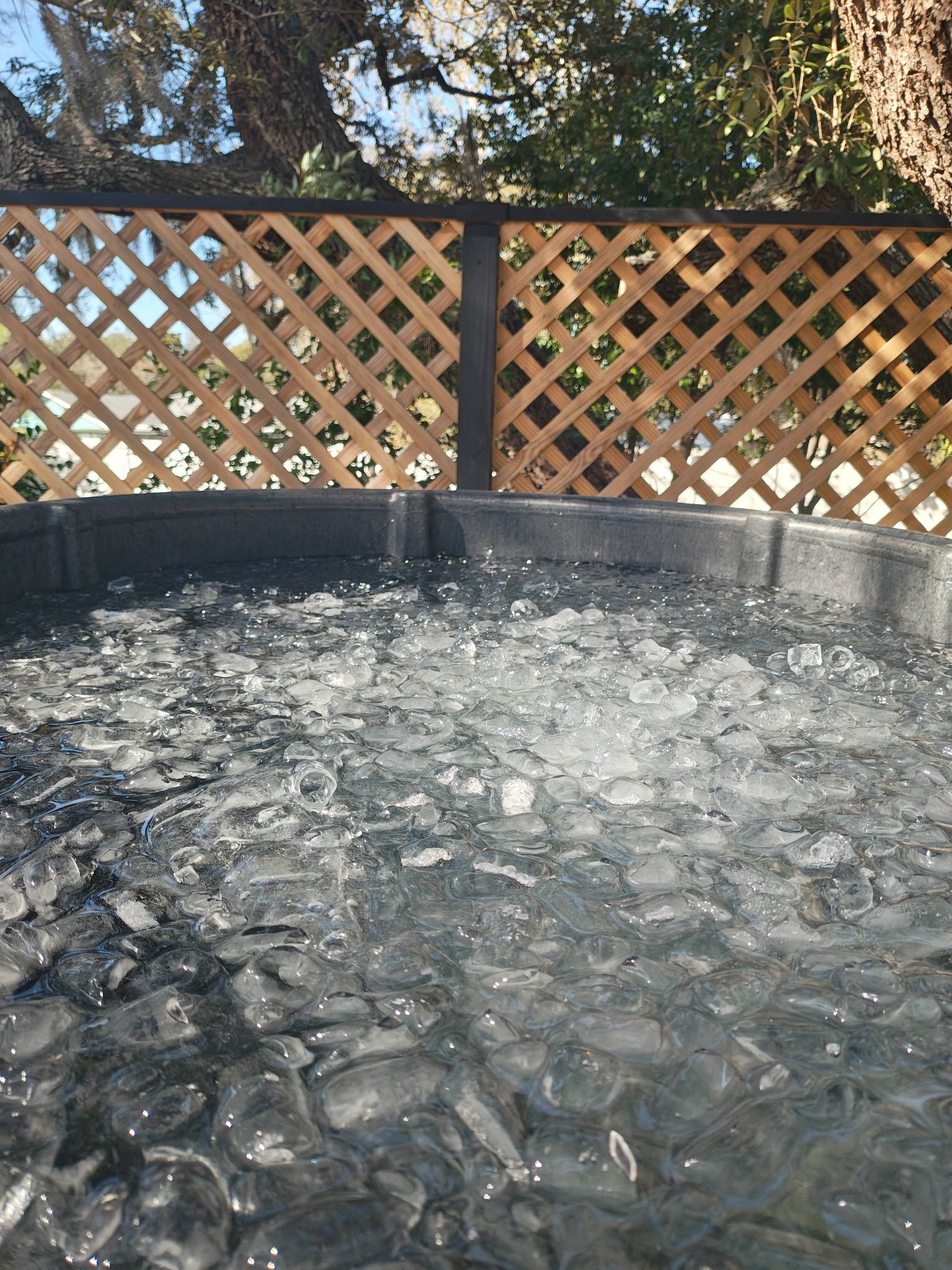 Ryan Britner smiling in an outdoor cold plunge tub on a wooden deck, surrounded by nature